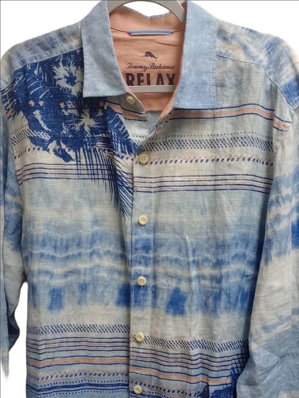 🆕 TOMMY BAHAMA RELAX LINEN BLUE & WHITE STRIPES LONG SLEEVE MENS FLORAL SHIRT - Picture 5 of 12